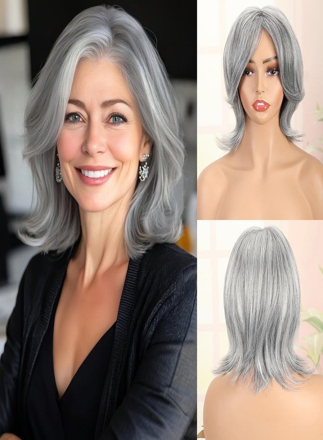 PHOCAS Grey Short Bob Wig Synthetic Layered Silver Gray Wigs with Wavy End Realistic Salt and Pepper Wigs for Women Natural Middle Part Wolf Cut Wig for Daily Use - 10" shoulder length - Image 1